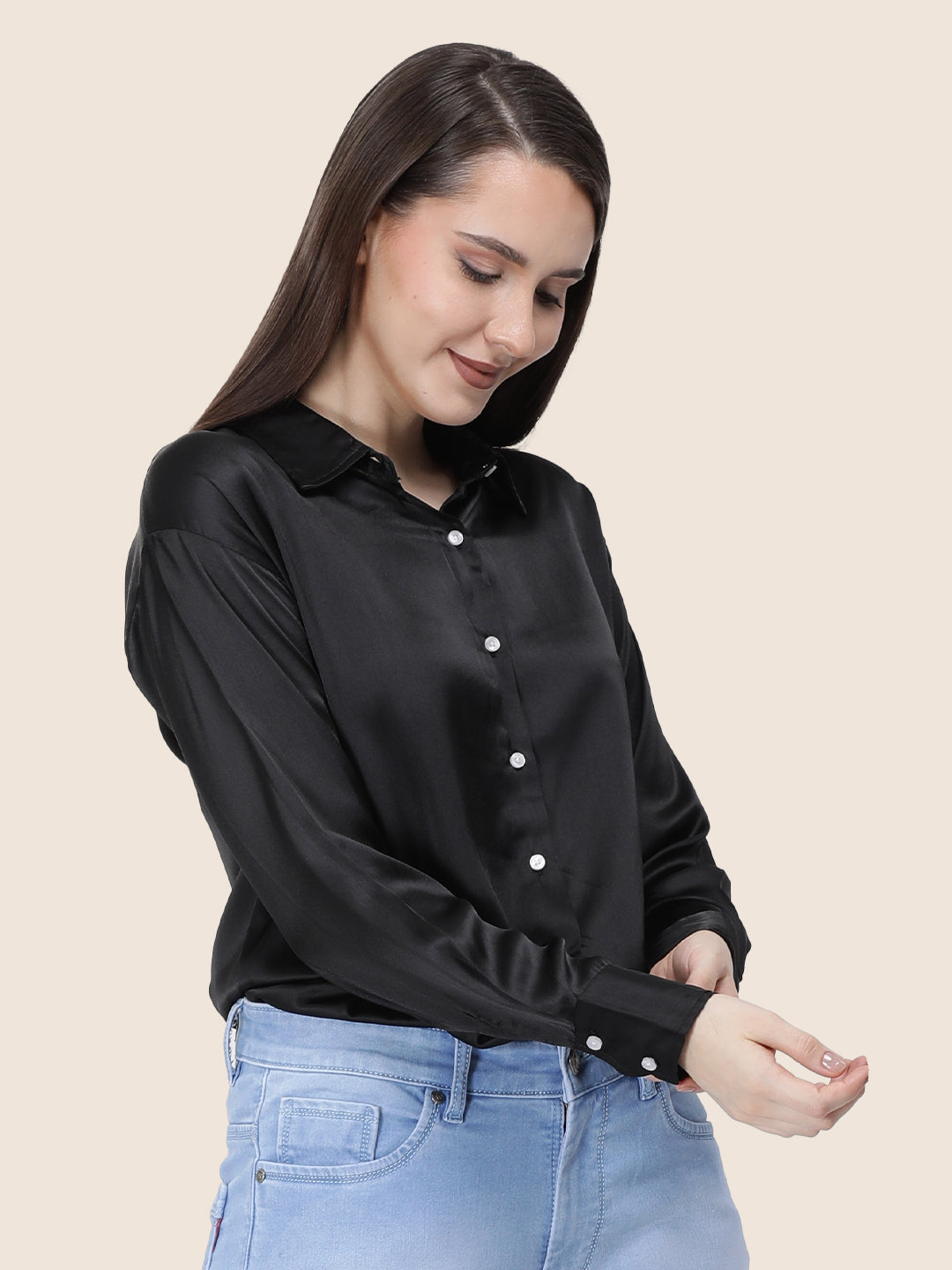 Black Regular Fit Summer Satin Shirt