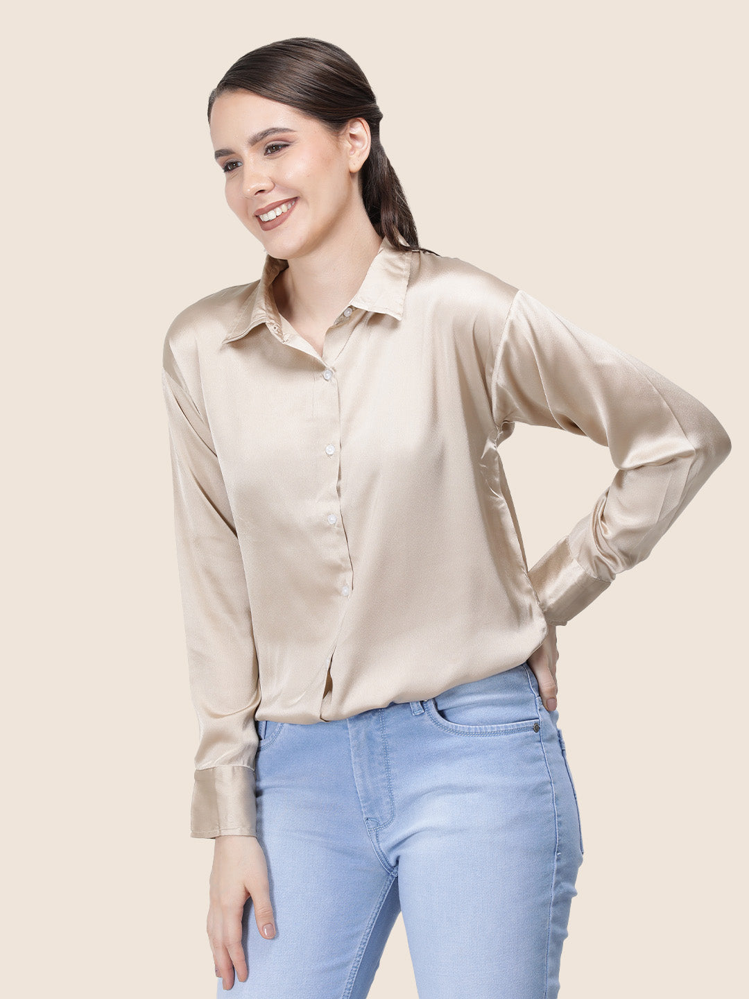 Champagne Regular Fit Summer Satin Shirt