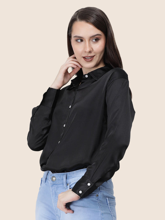 Black Regular Fit Summer Satin Shirt