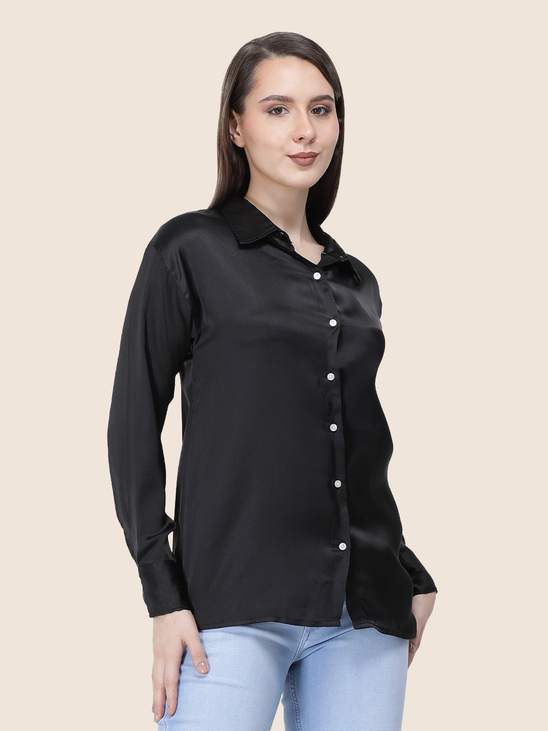 Black Regular Fit Summer Satin Shirt