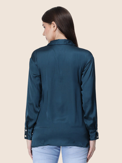 Deep Teal Regular Fit Summer Satin Shirt
