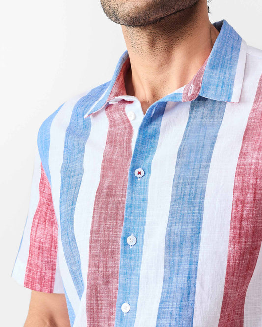 Half Sleeves Shirt - Blue & Red Stripes