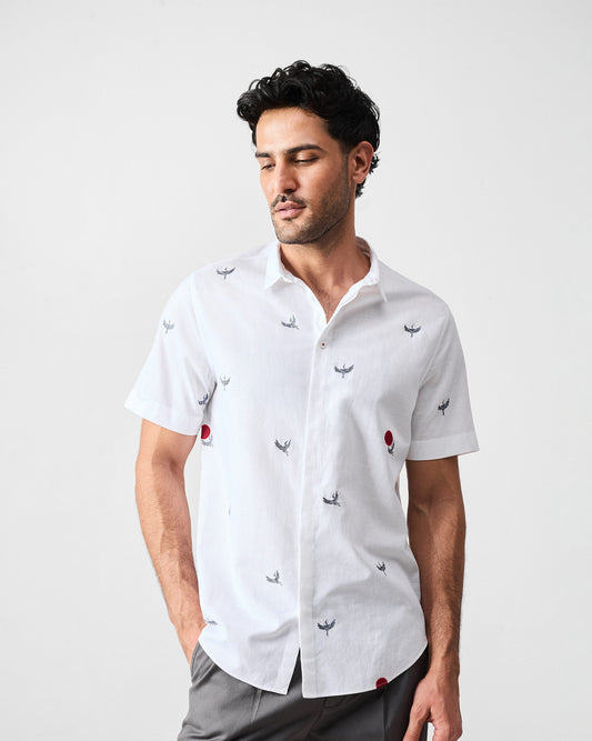 Riverline Shirt - White & Red Embroidered
