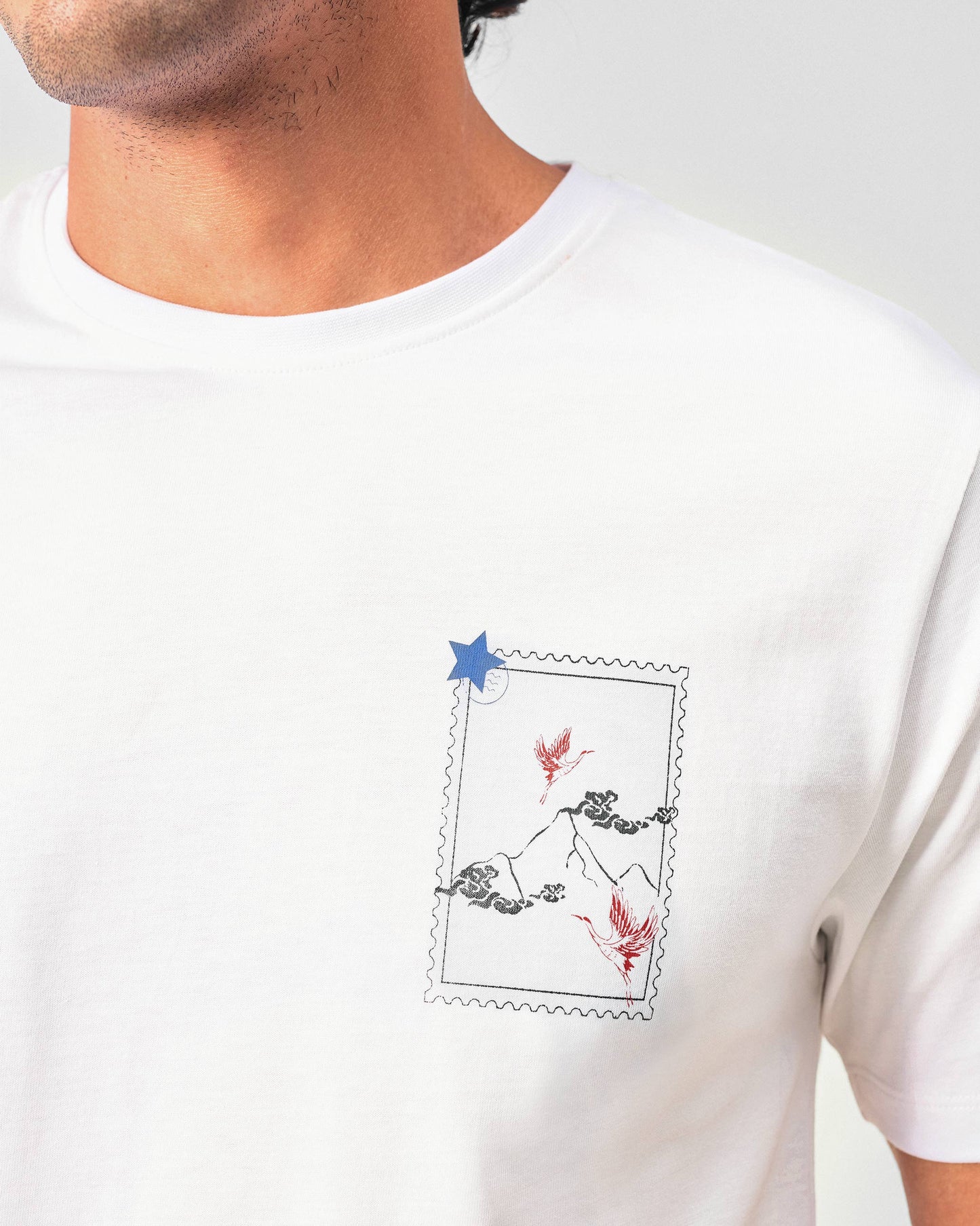 Fuji Flying Crane T-shirt - White & Red Crane
