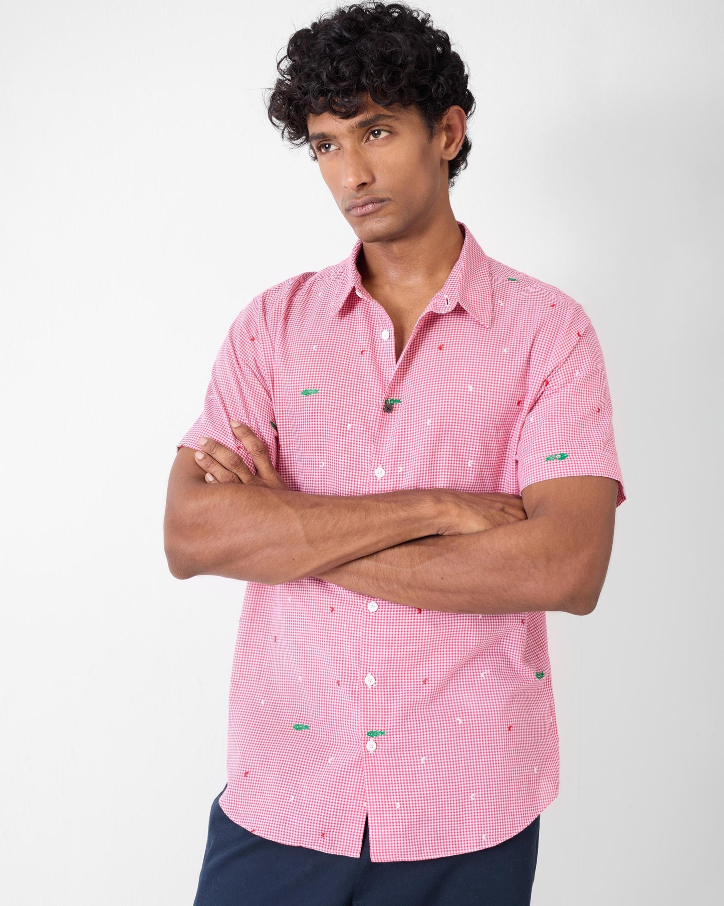 Half Sleeve Shirt - White & Watermelon Checks