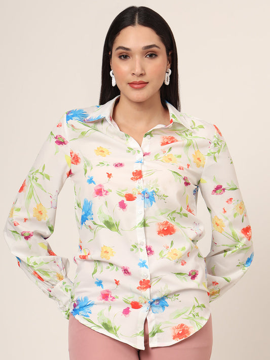Women'S Premium Micro Multicolour Long Length Curved Hem Digital Print Shirt