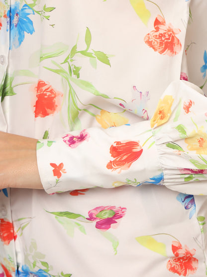 Women'S Premium Micro Multicolour Long Length Curved Hem Digital Print Shirt