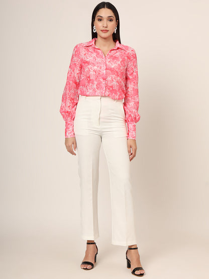 Women'S Premium Muslin Pink Long Length Curved Hem Digital Print Shirt