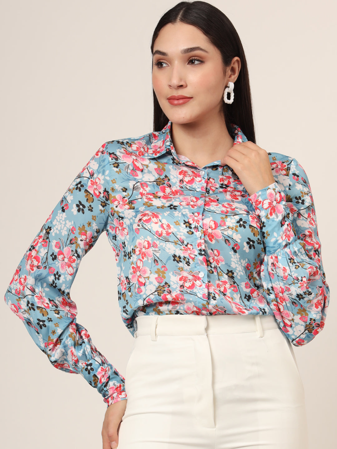 Women'S Luxury Satin Multicolour Long Length Curved Hem Digital Print Shirt
