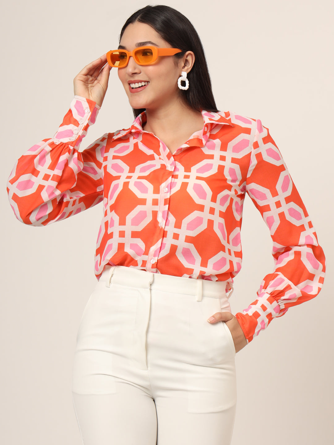 Women'S Luxury Cambric Multicolour Long Length Curved Hem Digital Print Shirt