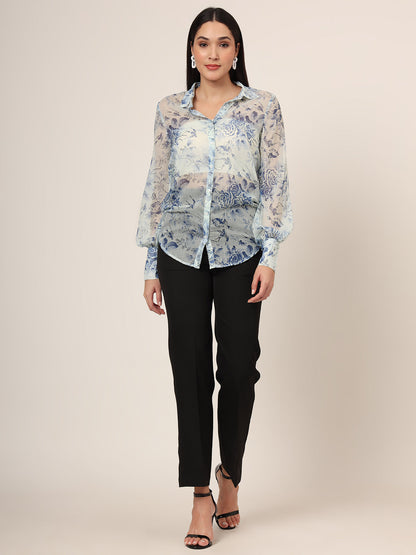 Women'S Premium Chiffon Blue And White Long Length Curved Hem Digital Print Shirt