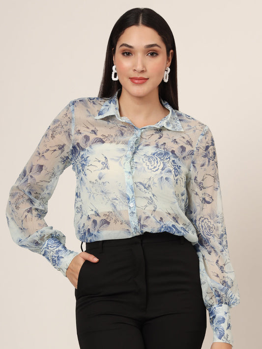 Women'S Premium Chiffon Blue And White Long Length Curved Hem Digital Print Shirt