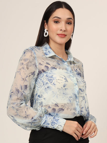 Women'S Premium Chiffon Blue And White Long Length Curved Hem Digital Print Shirt