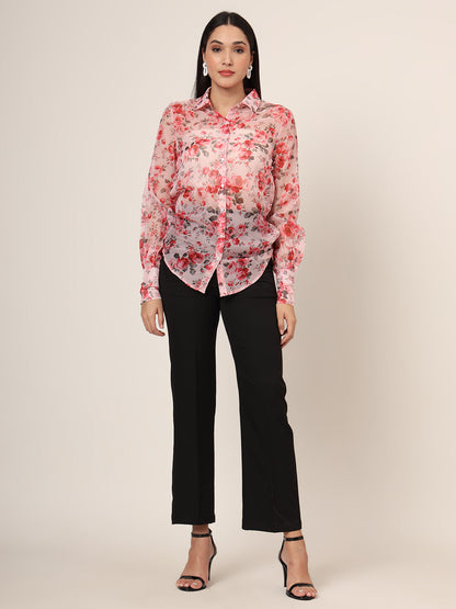 Women'S Premium Organza Pink And Green Long Length Curved Hem Digital Print Shirt
