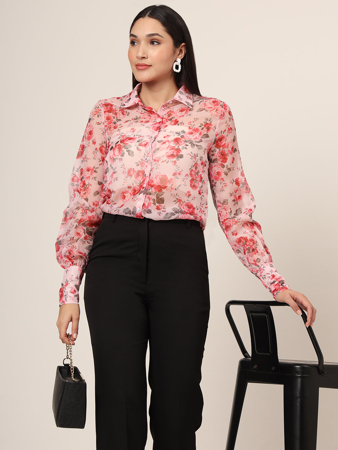 Women'S Premium Organza Pink And Green Long Length Curved Hem Digital Print Shirt