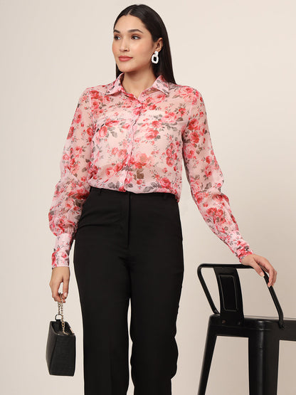 Women'S Premium Organza Pink And Green Long Length Curved Hem Digital Print Shirt