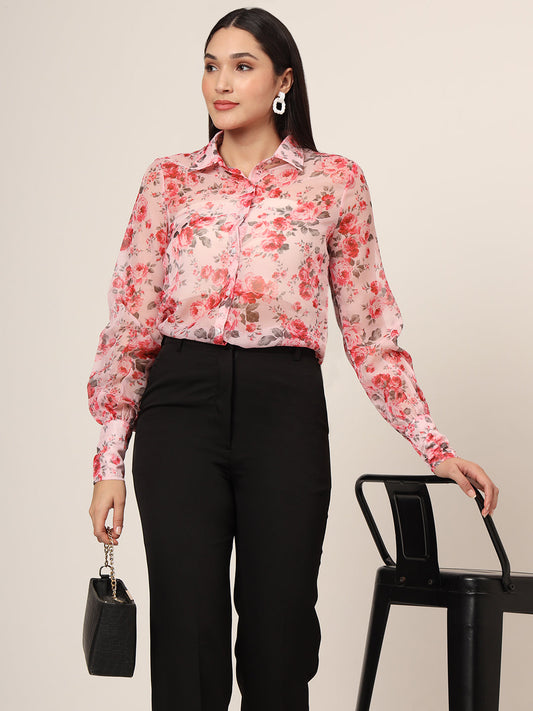 Women'S Premium Organza Pink And Green Long Length Curved Hem Digital Print Shirt