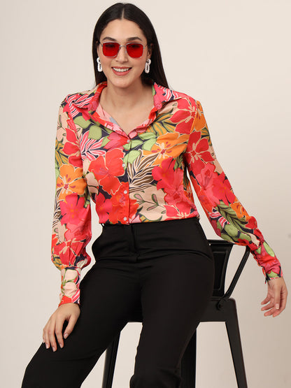 Women'S Luxury Satin Multicolour Long Length Curved Hem Digital Print Shirt