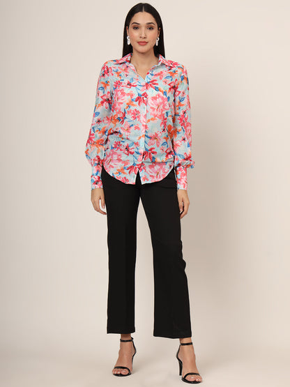 Women'S Premium Muslin Multicolour Long Length Curved Hem Digital Print Shirt