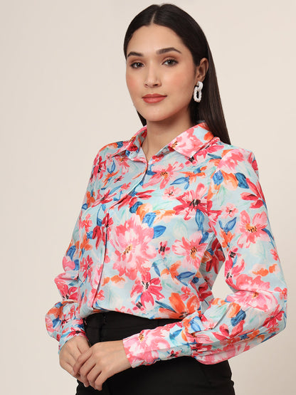 Women'S Premium Muslin Multicolour Long Length Curved Hem Digital Print Shirt