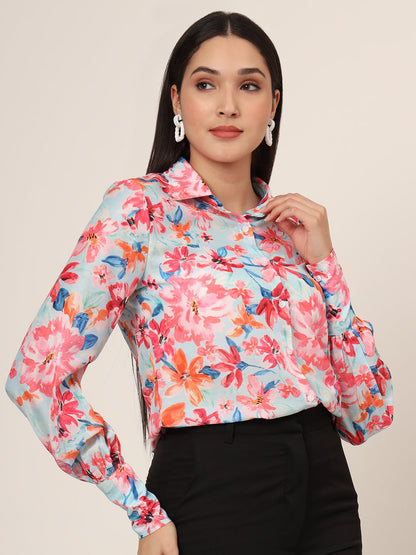 Women'S Premium Muslin Multicolour Long Length Curved Hem Digital Print Shirt