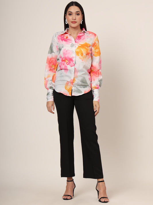 Women'S Premium Micro Multicolour Long Length Curved Hem Digital Print Shirt