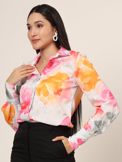 Women'S Premium Micro Multicolour Long Length Curved Hem Digital Print Shirt