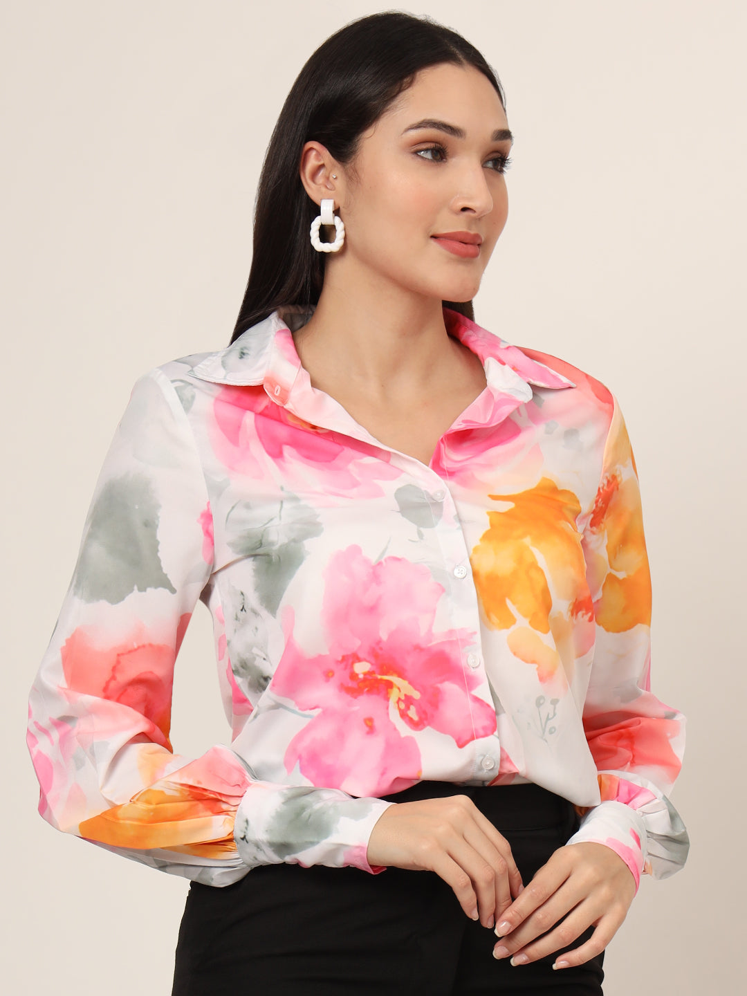 Women'S Premium Micro Multicolour Long Length Curved Hem Digital Print Shirt