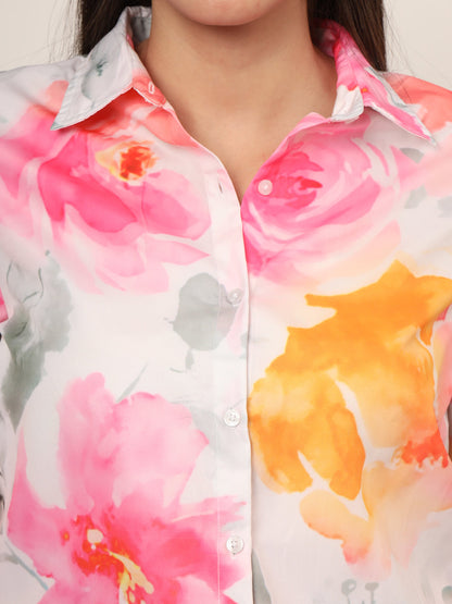 Women'S Premium Micro Multicolour Long Length Curved Hem Digital Print Shirt