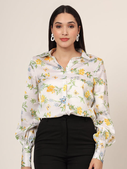 Women'S Luxury Linen Satin Multicolour Long Length Curved Hem Digital Print Shirt
