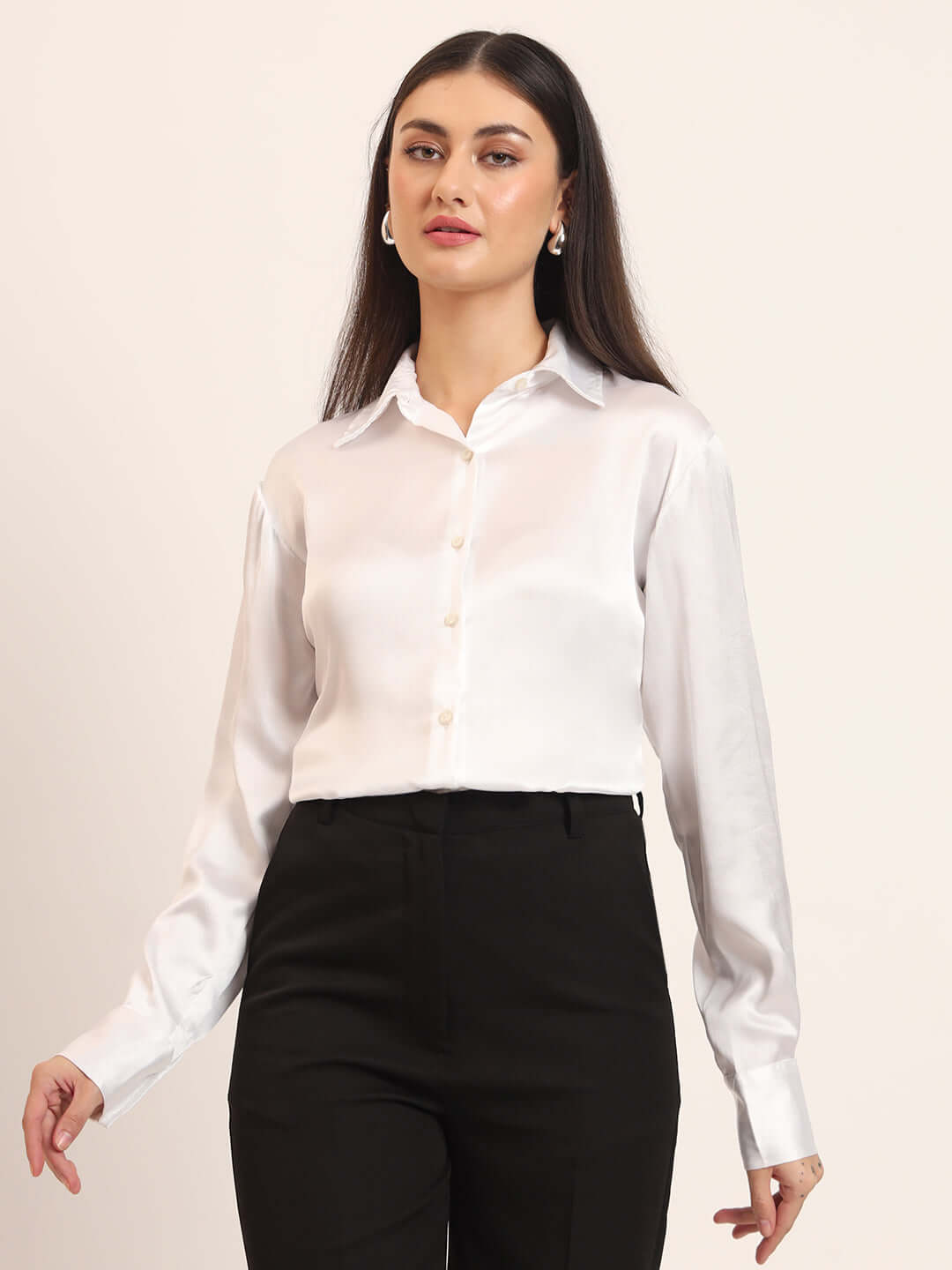 White Regular Fit Summer Satin Shirt