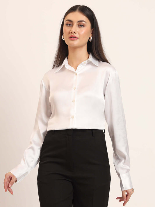 White Regular Fit Summer Satin Shirt