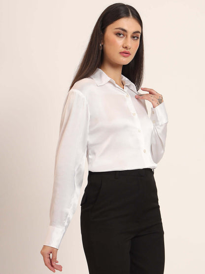 White Regular Fit Summer Satin Shirt