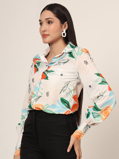 Women'S Premium Micro Multicolour Long Length Curved Hem Digital Print Shirt