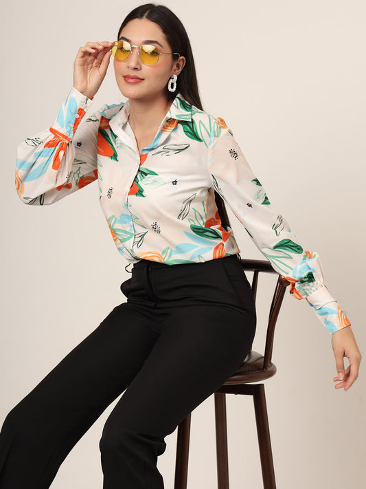 Women'S Premium Micro Multicolour Long Length Curved Hem Digital Print Shirt