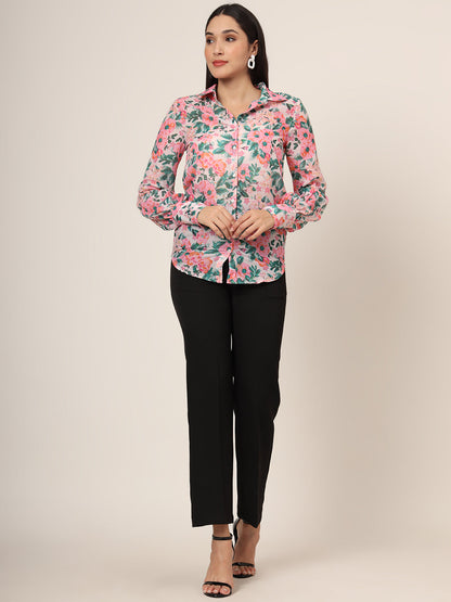 Women'S Premium Chiffon Multicolour Long Length Curved Hem Digital Print Shirt