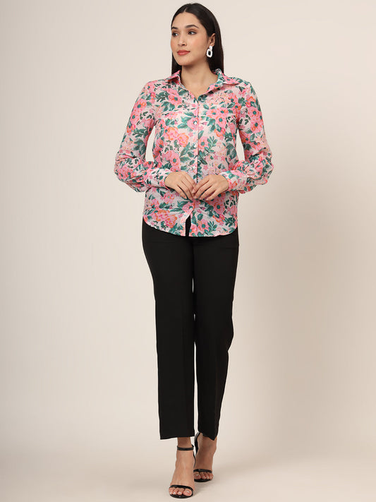 Women'S Luxury Cambric Multicolour Long Length Curved Hem Digital Print Shirt