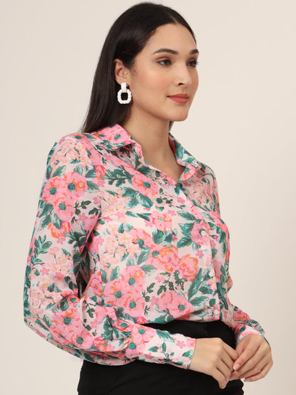 Women'S Luxury Cambric Multicolour Long Length Curved Hem Digital Print Shirt