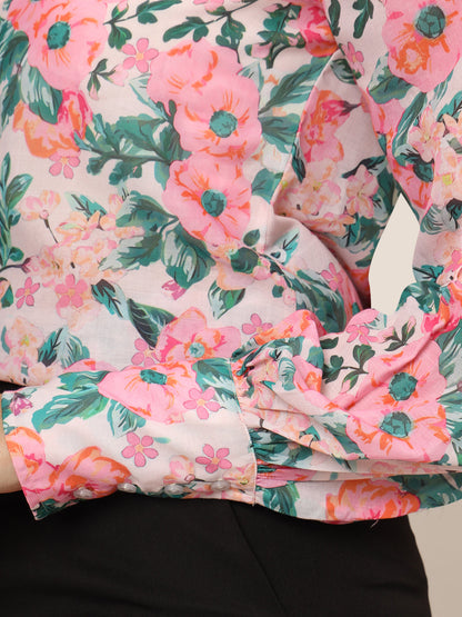 Women'S Luxury Cambric Multicolour Long Length Curved Hem Digital Print Shirt