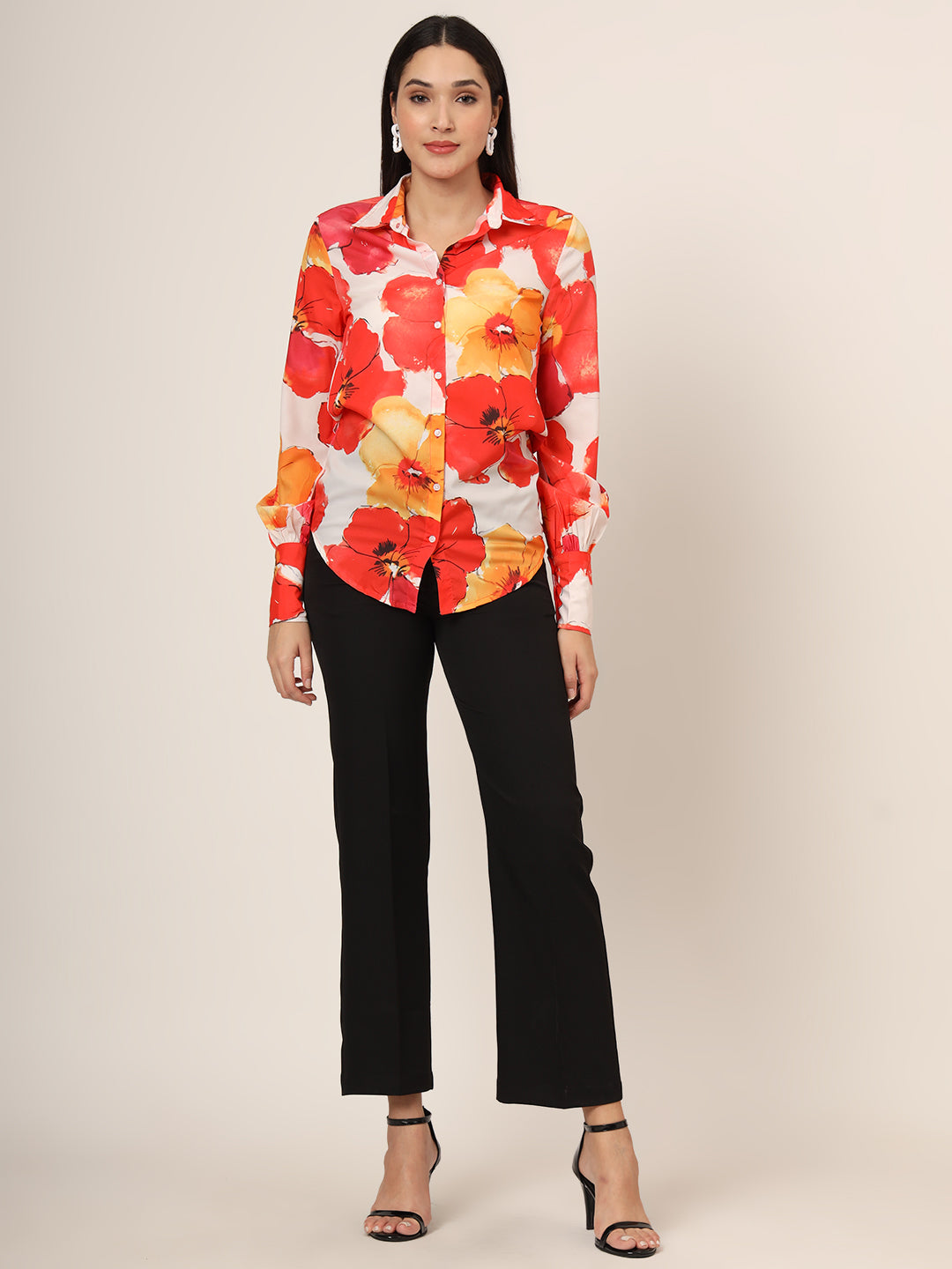 Women'S Premium American Crepe Multicolour Long Length Curved Hem Digital Print Shirt