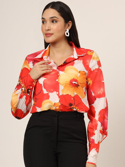 Women'S Premium American Crepe Multicolour Long Length Curved Hem Digital Print Shirt