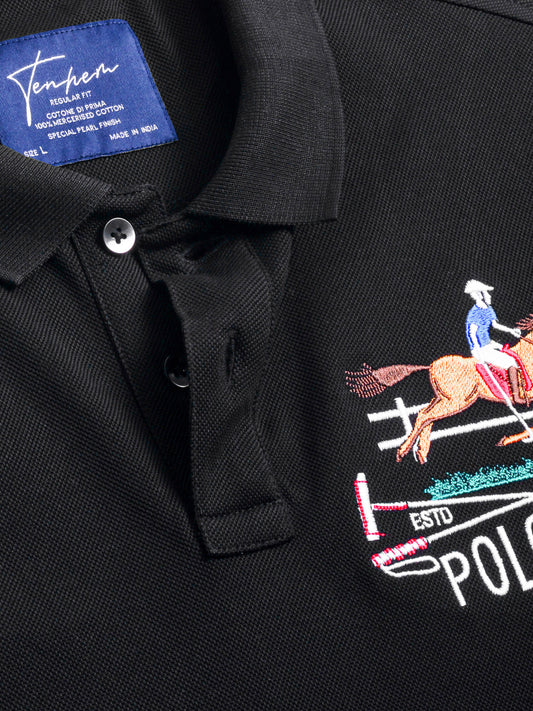 Mercerised Cotton Polo Shirt Pique Regular Fit Black Cantermark Emblem