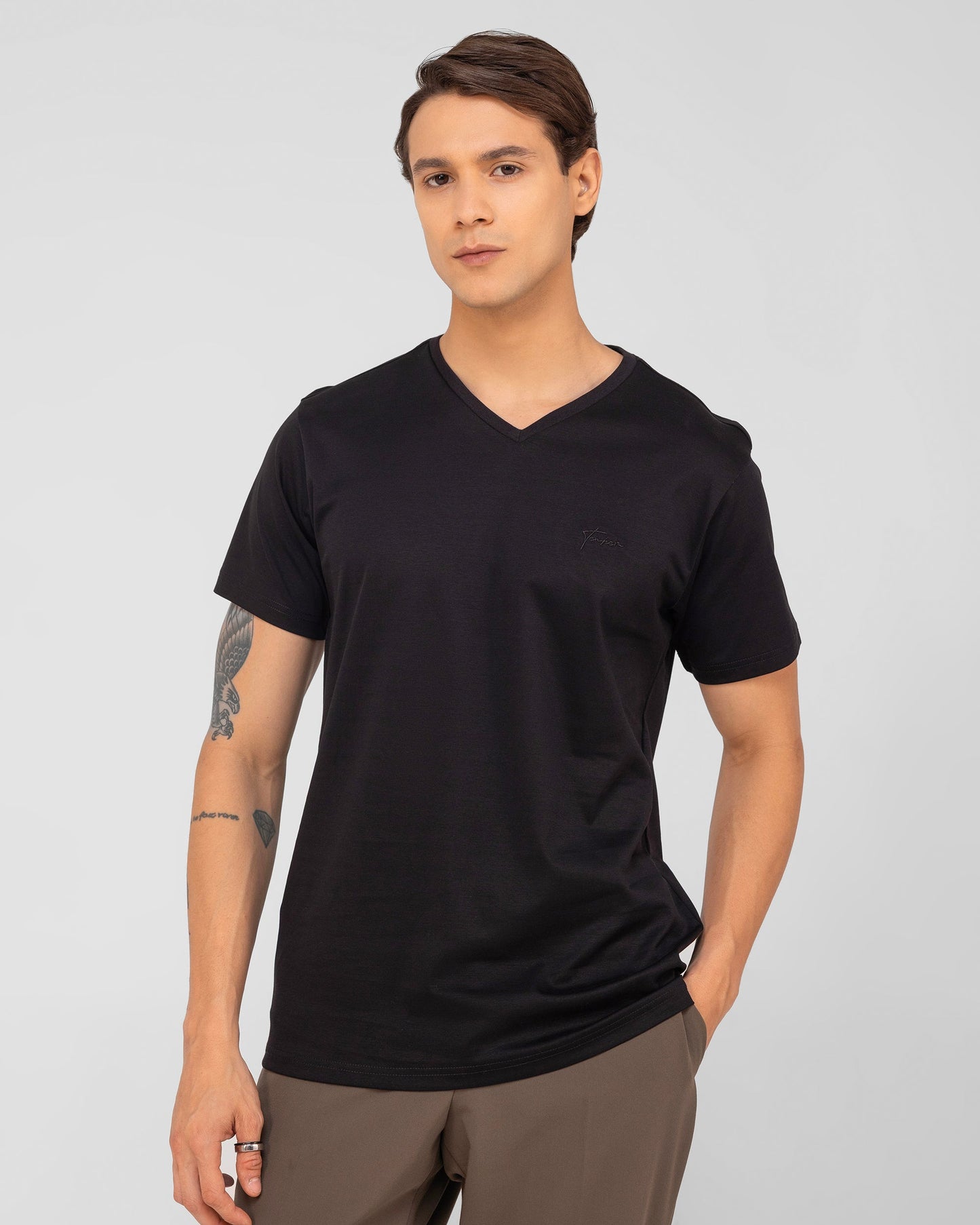 Mercerised Cotton V Neck T Shirt Interlock Regular Fit Black