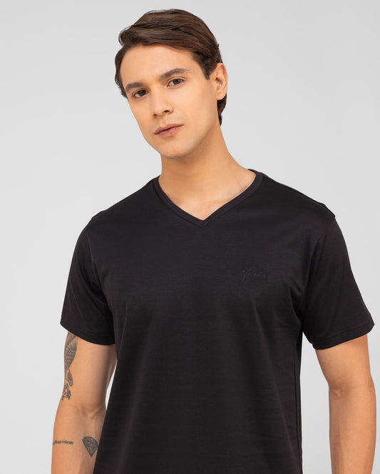 Mercerised Cotton V Neck T Shirt Interlock Regular Fit Black