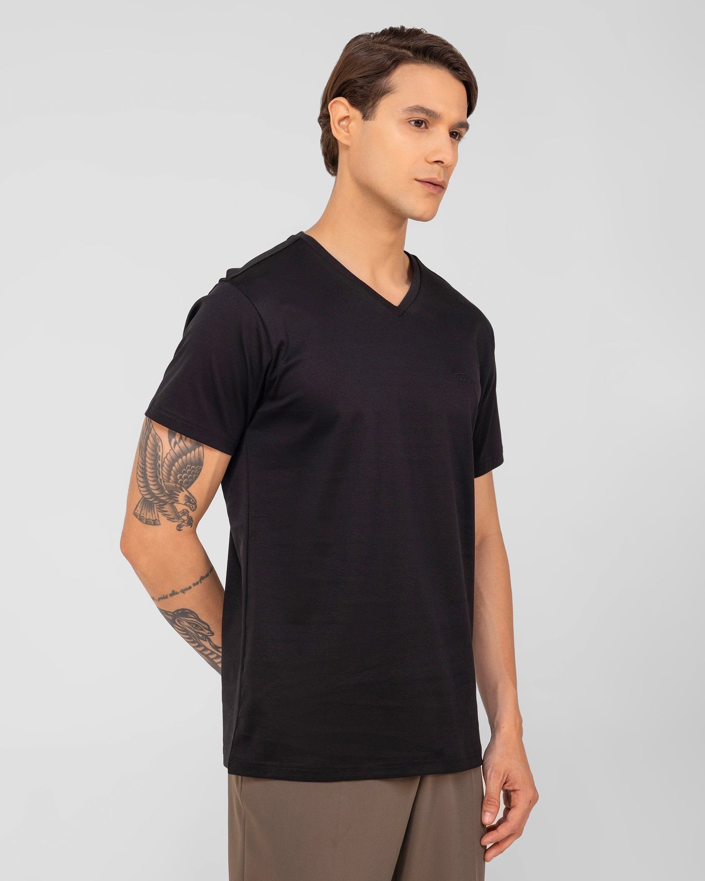 Mercerised Cotton V Neck T Shirt Interlock Regular Fit Black