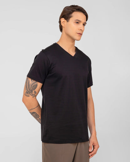 Mercerised Cotton V Neck T Shirt Interlock Regular Fit Black