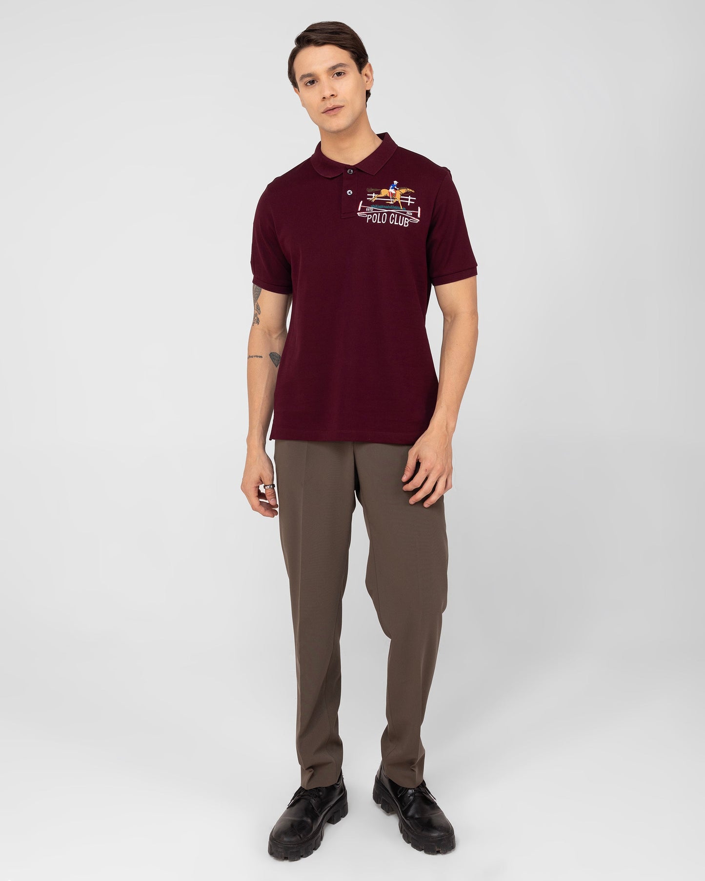 Mercerised Cotton Polo Shirt Pique Regular Fit Wine Cantermark Emblem