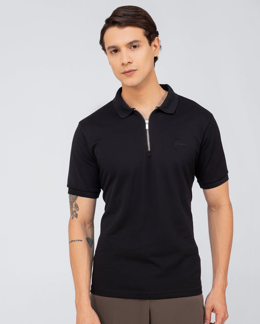 Mercerised Cotton Zipper Polo Regular Fit Black