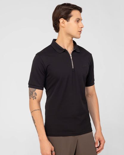 Mercerised Cotton Zipper Polo Regular Fit Black