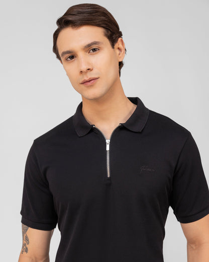 Mercerised Cotton Zipper Polo Regular Fit Black